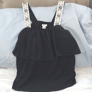 J Crew Navy Blue Ruffled Floral Embroidered strap Blouse Top Sz 0